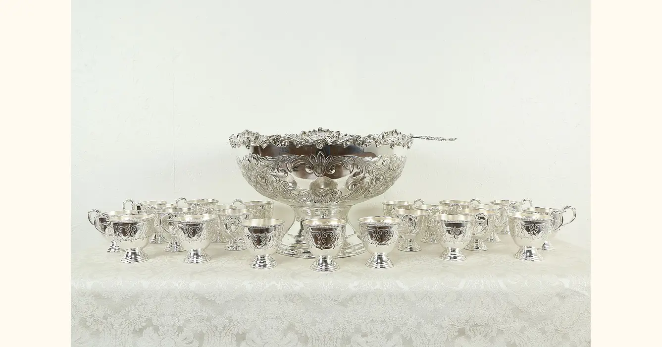 Silverplate Punch Bowl, 23 Footed Cups, Ladle Vintage by International