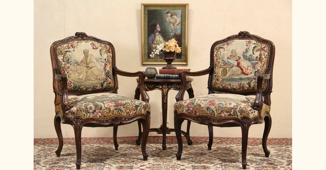 Pair of Antique 1900 Carved French Chairs Original Tapestry