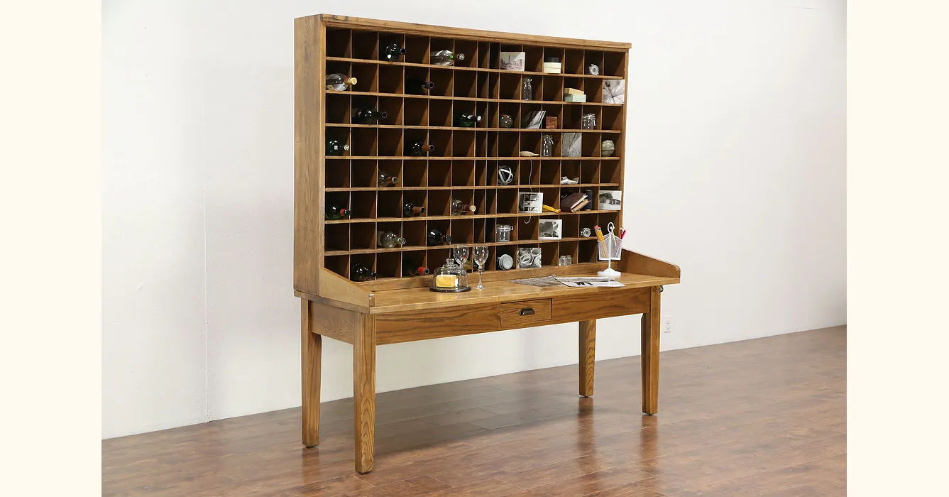 Post Office Antique Oak Mail Sorting Table Wine Rack Tasting Table