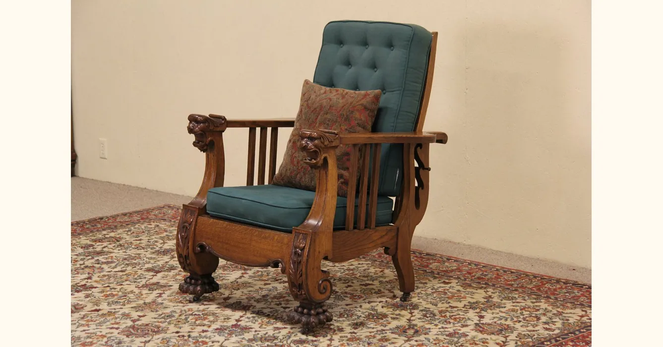 Oak Antique 1900 Morris Recliner Chair, Lion Paw Feet, Recent