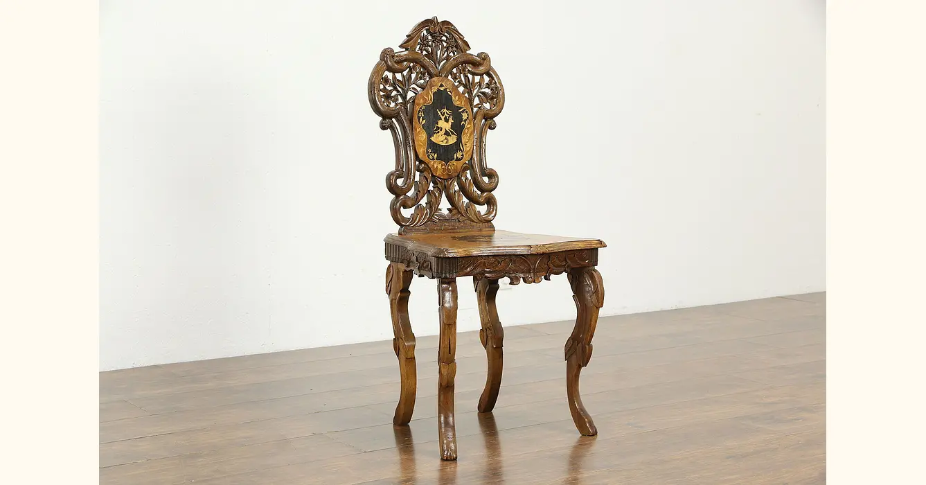 Black Forest Antique Carved Deer Marquetry Chair, Secret 