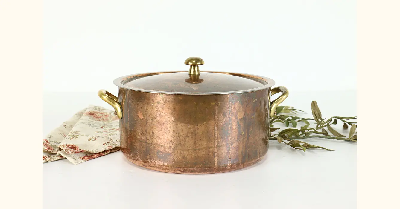 Copper Soup Pot Dutch Oven Brass Handles & Lid Antique WALDOW