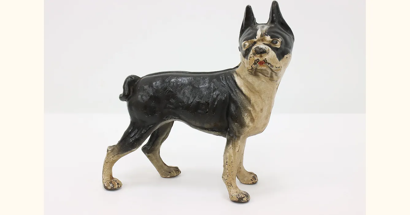 Farmhouse Antique Cast Iron Painted Boston Terrier Dog Statue Door