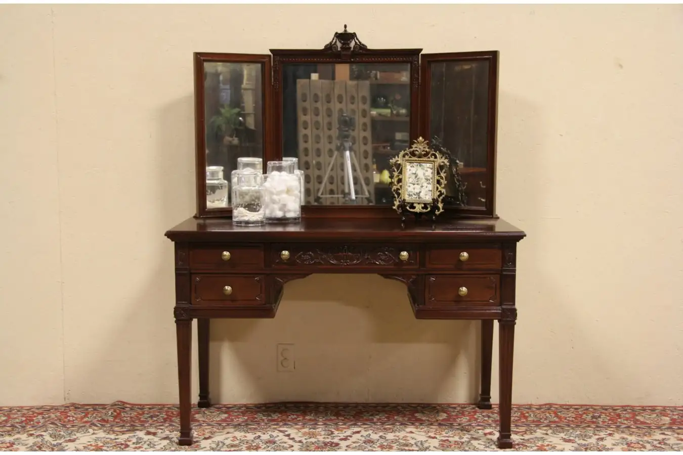Carved Mahogany 1910 Antique Dressing Table, Desk or Vanity