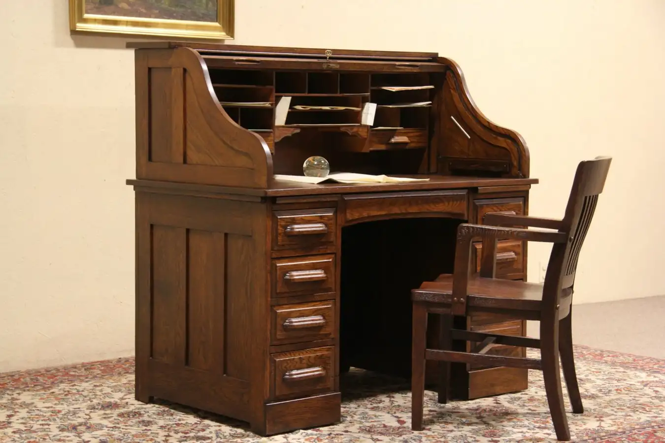 Oak 1900 Antique S Curve Roll Top Desk, File Drawer