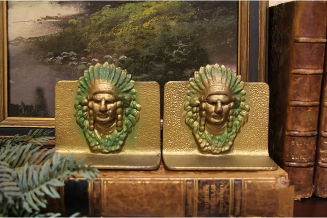 1920~30s Antique Indian Bookends インディアン Pair of Antique Iron Painted Indian Chief Bookends