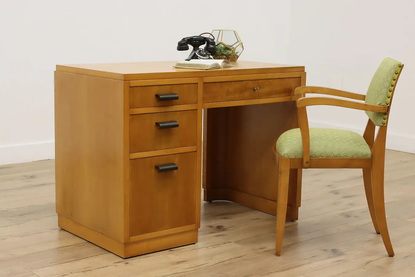 Main image of Art Deco Vintage Maple & Birch Office Library Desk & Chair