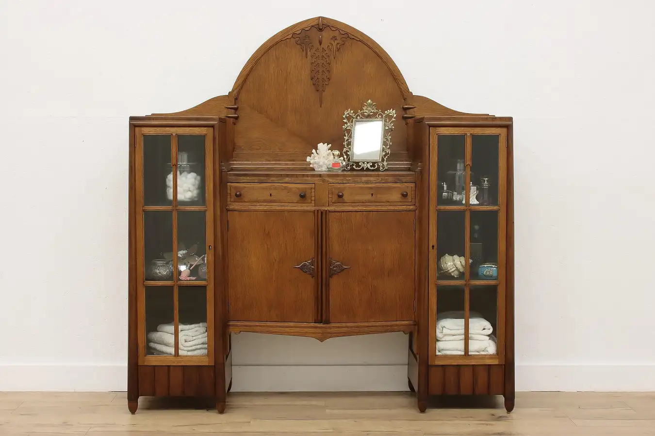 Main image of European Art Deco Antique Oak Buffet, Bar or Display Cabinet