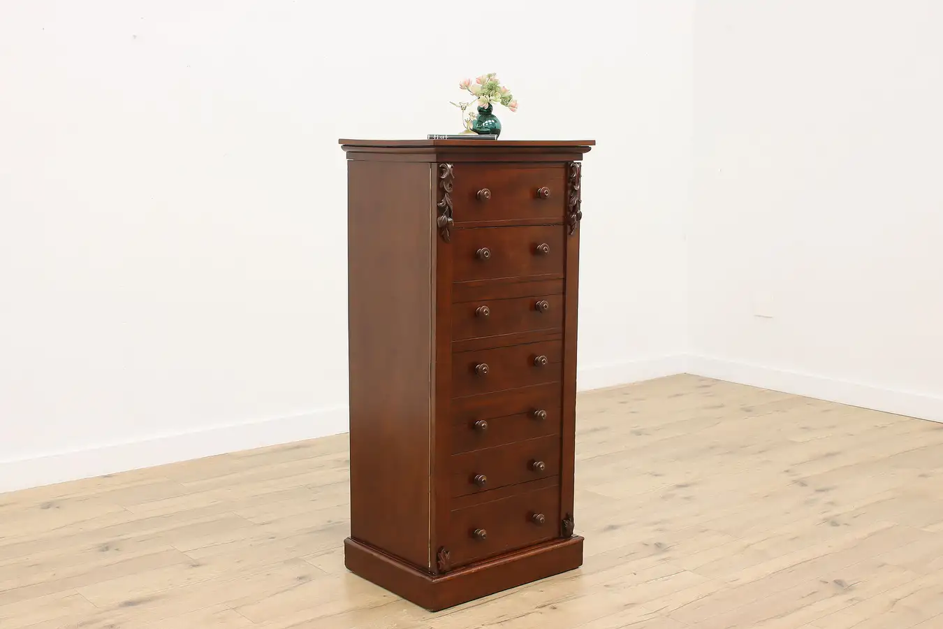 Main image of Victorian Antique Carved Mahogany Sidelock Lingerie Chest