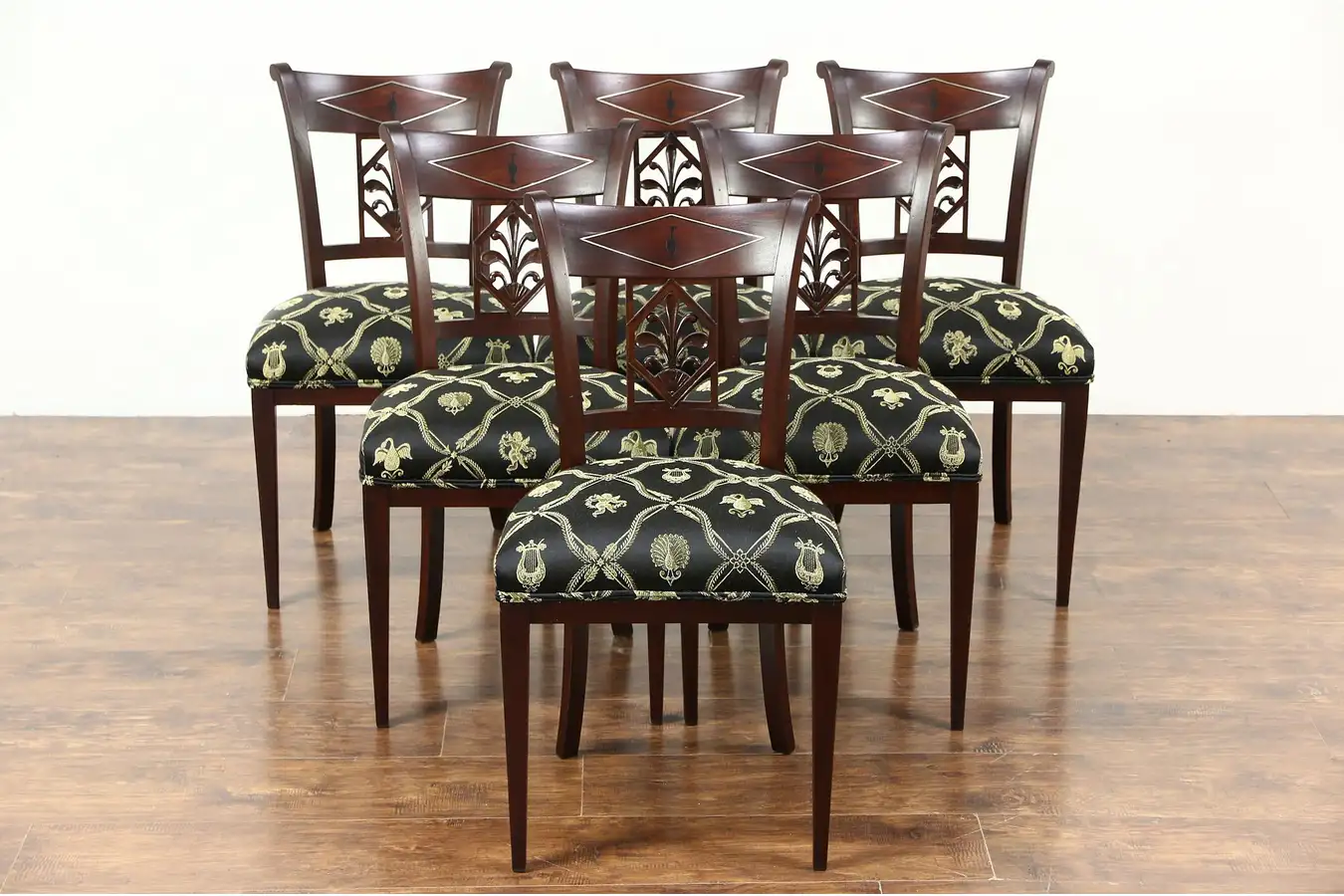 Main image of Set 6 French Empire 1820's Antique Dining Chairs, New Upholstery, Signed Chapuis