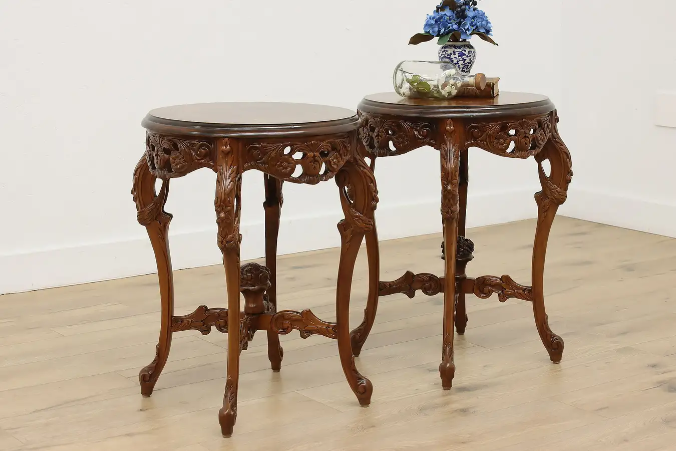 Main image of Pair French Vintage Walnut & Marquetry Entry or End Tables