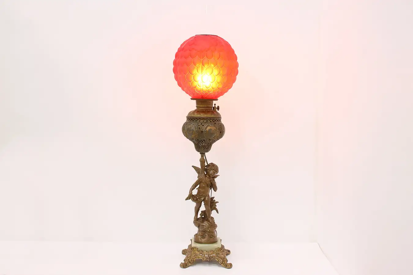 Main image of French Antique Lamp Red Glass Shade Bronze Cupid, Moreau