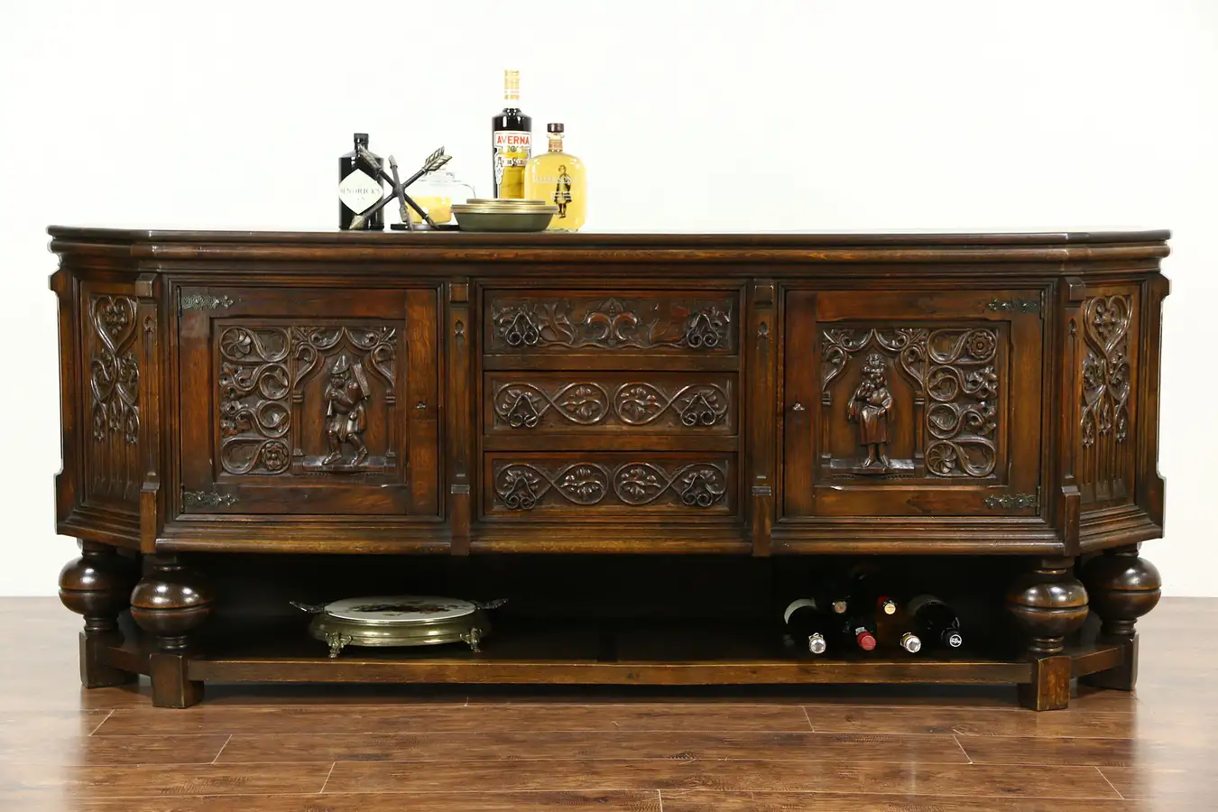 Main image of Dutch Antique Gothic Carved Oak Sideboard, Server or Credenza, Carved Bagpiper