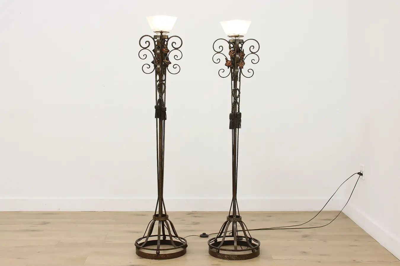 Main image of Pair of Arts & Crafts Vintage Wrought Iron Torchiere Lamps