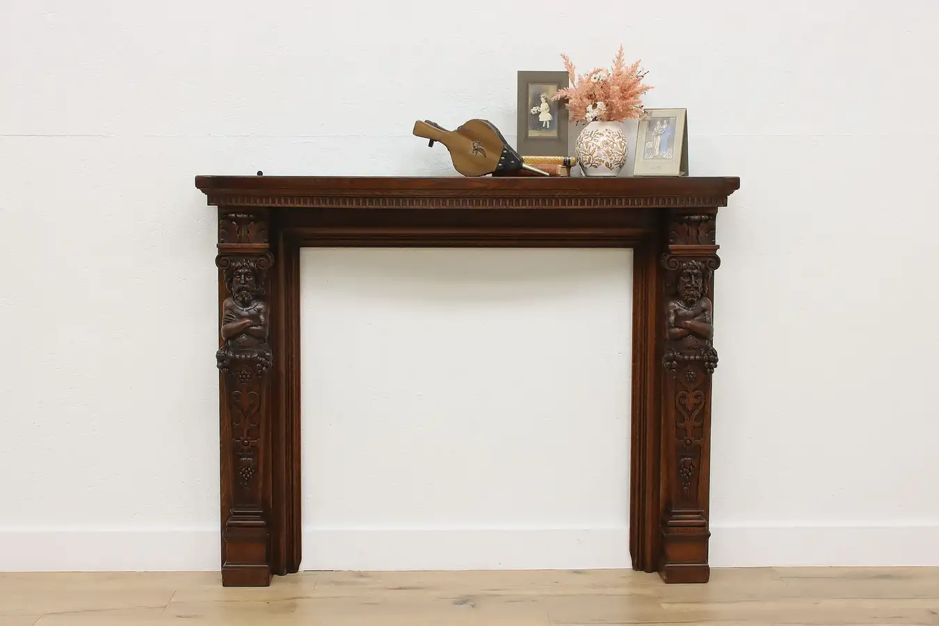 Main image of Italian Antique Oak Fireplace Mantel, Carved Statues