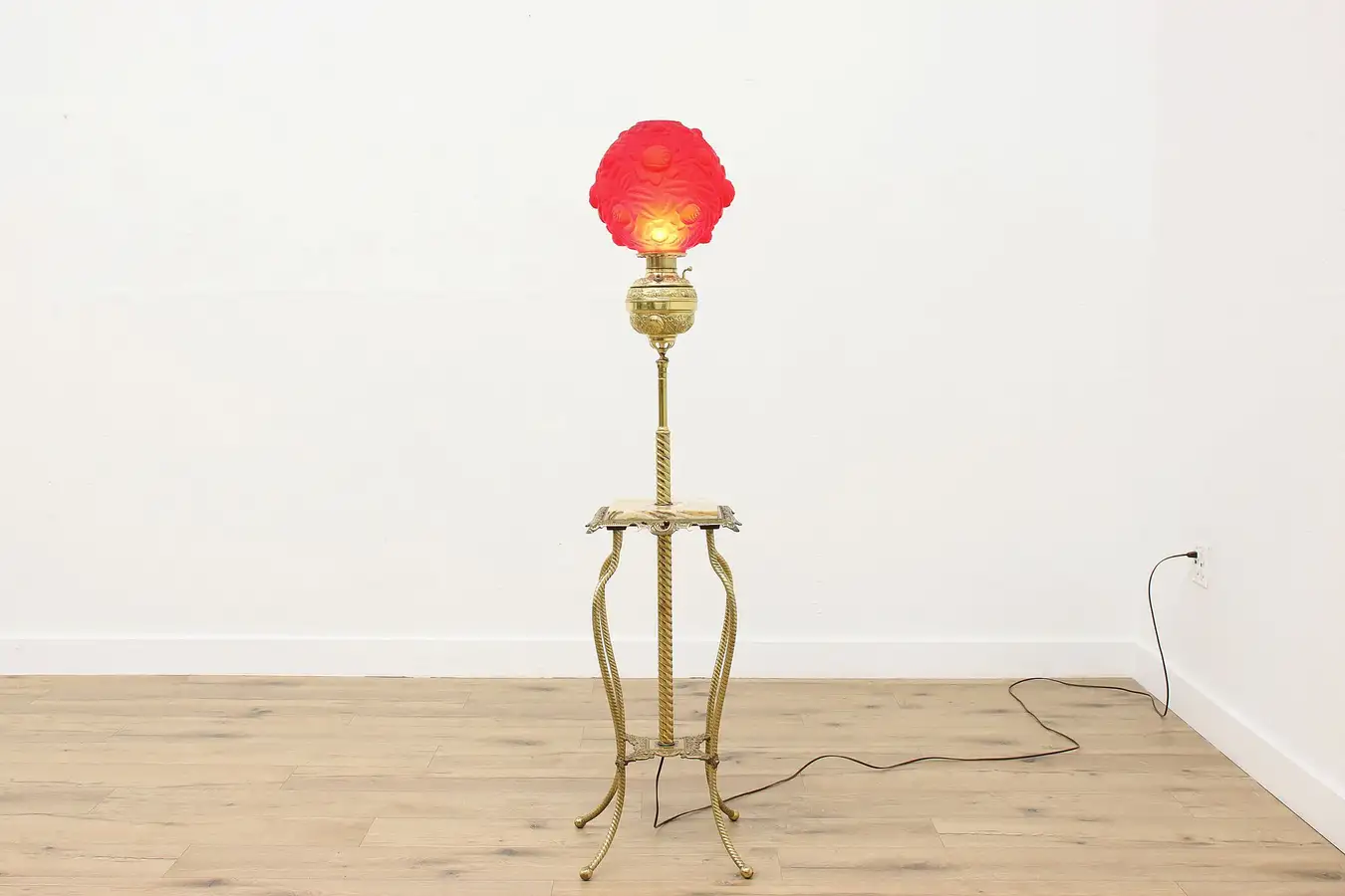 Main image of Victorian Antique Brass Piano Lamp Marble Red Shade Matthews