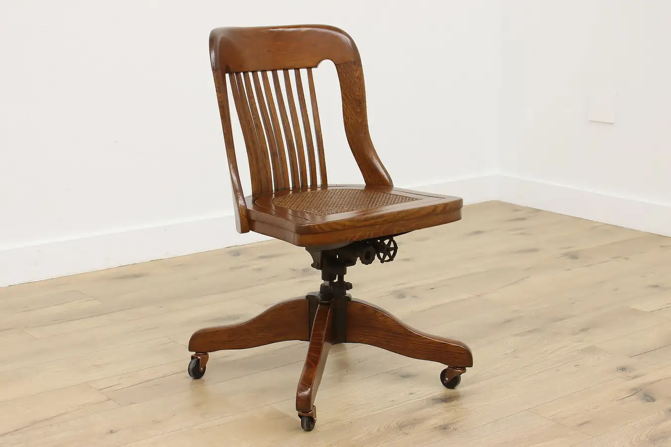 Main image of Carved Oak Cane Seat Swivel Adjustable Desk Chair, Mayer