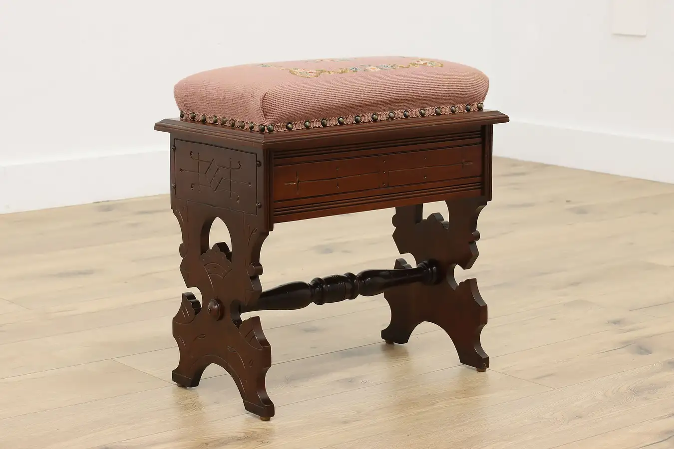 Main image of Victorian Eastlake Antique Walnut Slipper Bench or Footstool