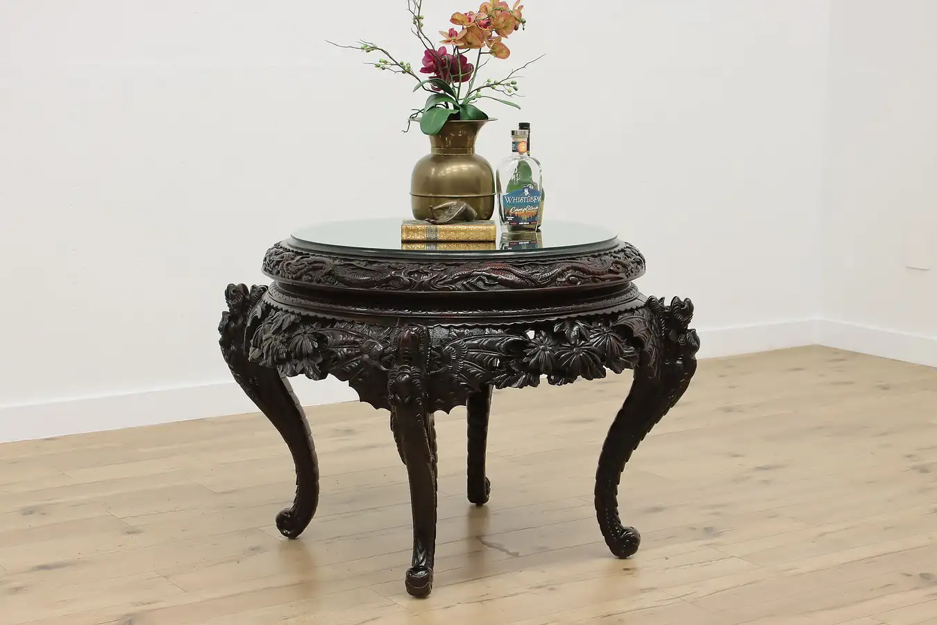 Main image of Chinese Antique Glass Top Table, Hand Carved Dragons