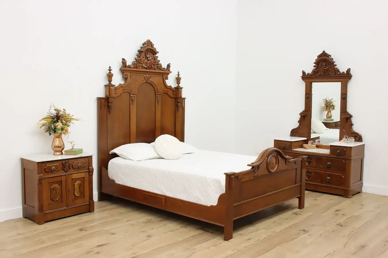 Main image of Victorian Antique Carved Walnut 3 Pc Bedroom Set, Queen Bed