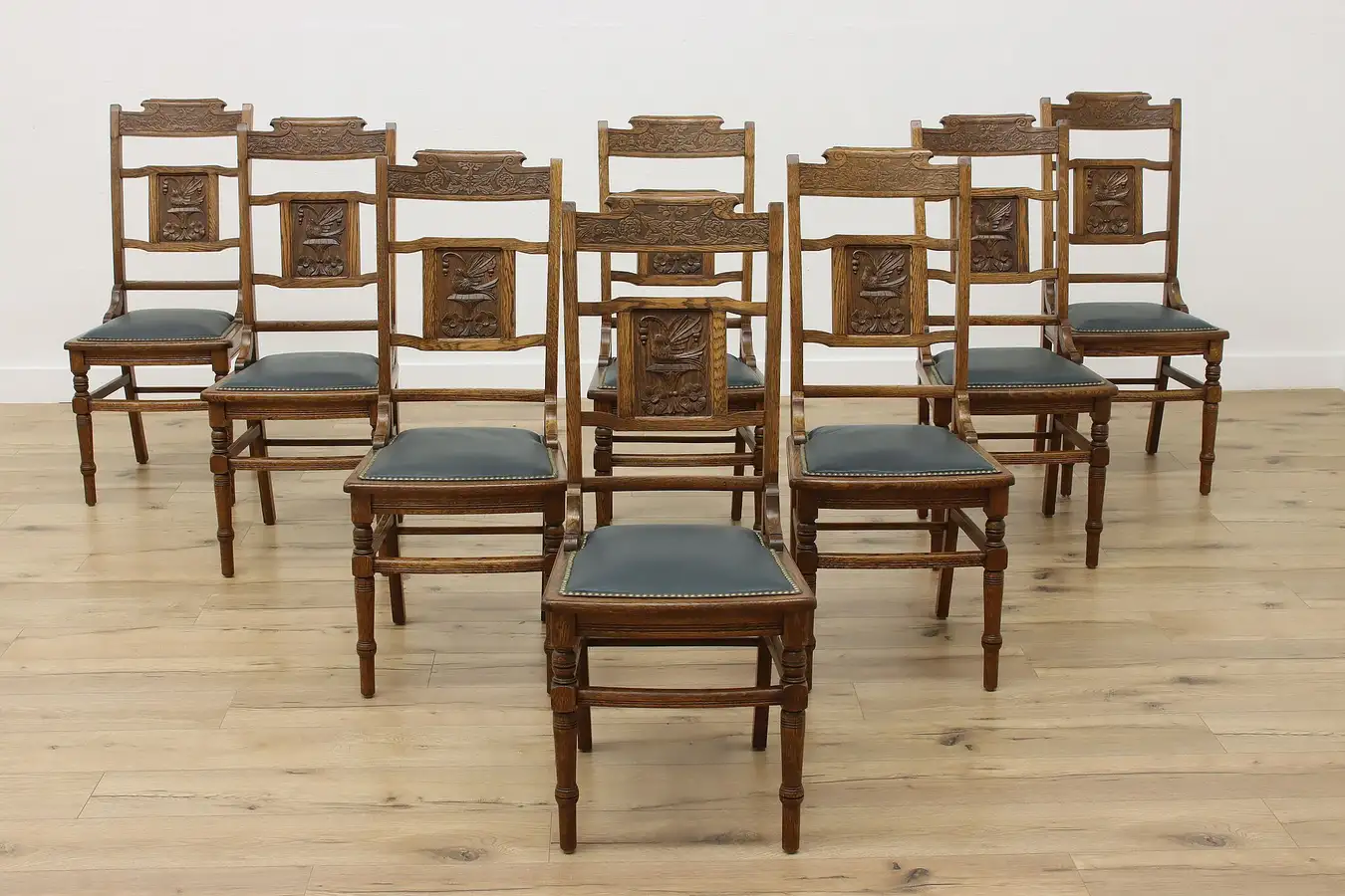 Main image of Set 8 Eastlake Victorian Antique Oak & Leather Dining Chairs