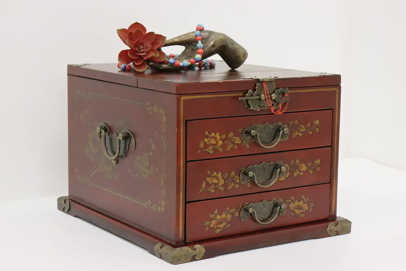 Main image of Chinese Vintage Leather Dressing Case Jewelry Chest & Mirror