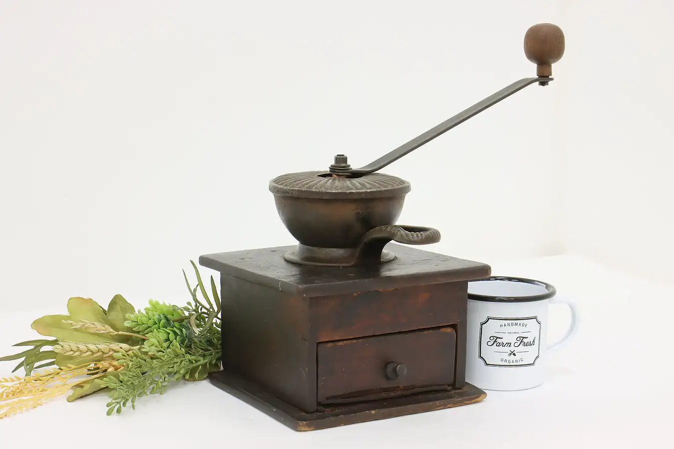 Main image of Farmhouse Antique Industrial Painted Oak Coffee Mill Grinder