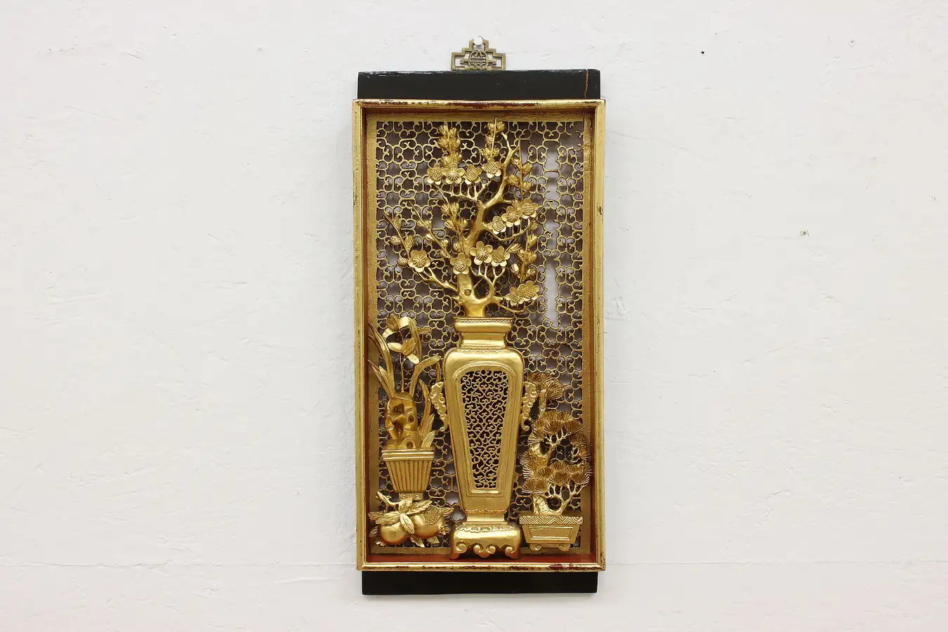 Main image of Chinese Vintage Gilt Temple Plaque, Carved Blossoms