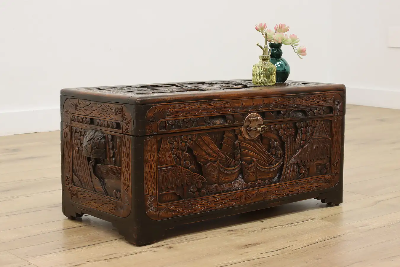 Main image of Chinese Vintage Carved Camphor Chest or Dowry Trunk