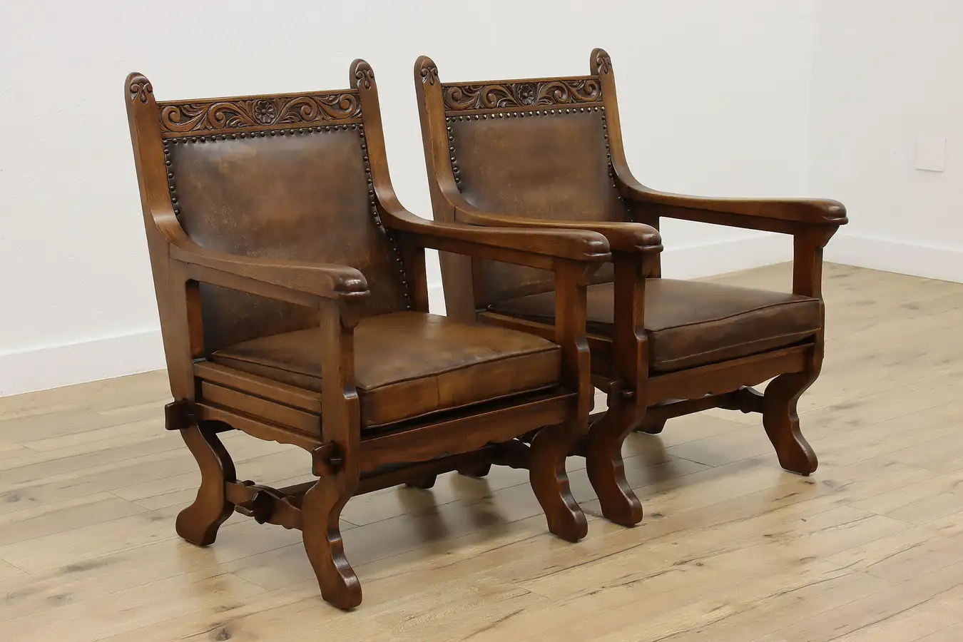 Main image of Pair of Tudor Design Vintage Oak & Leather Lounge Chairs