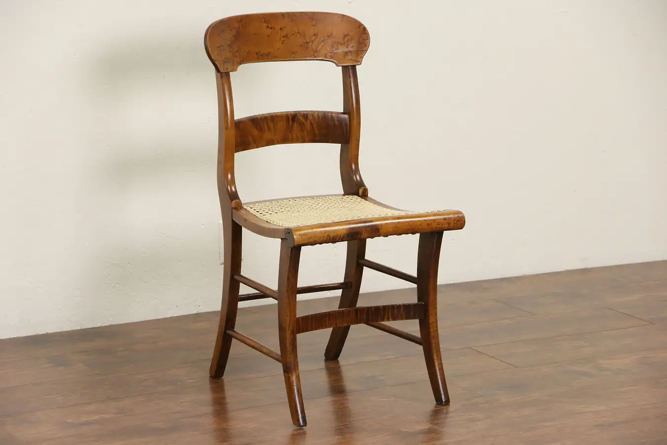 Main image of Curly Birdseye Tiger Maple 1840 Antique New England Chair, New Caning