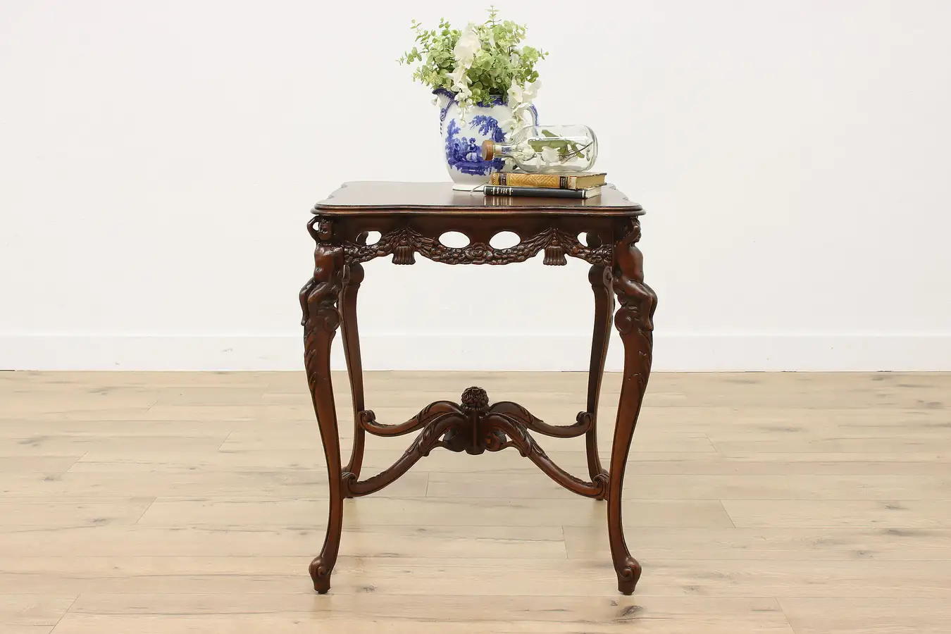 Main image of French Vintage Rosewood Marquetry Lamp Table, Carved Cherubs