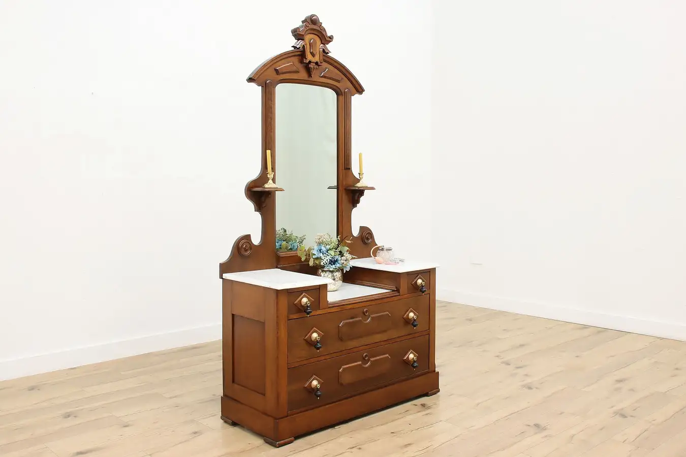 Main image of Victorian Antique Carved Walnut & Marble Top Dresser Chest