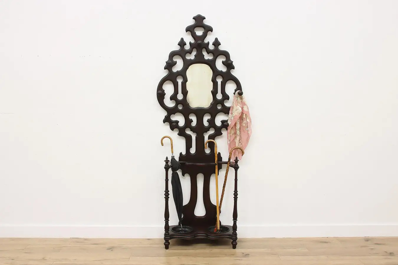 Main image of Victorian Carved Walnut Antique Hall Tree or Stand, Mirror