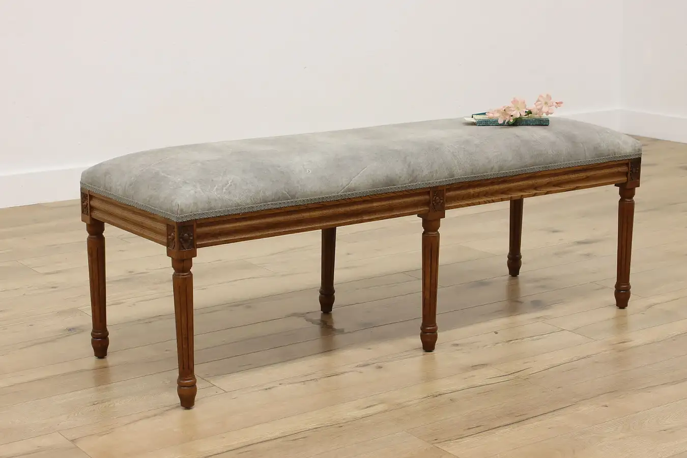 Main image of Country French Vintage Carved Mahogany Leather Hall Bench