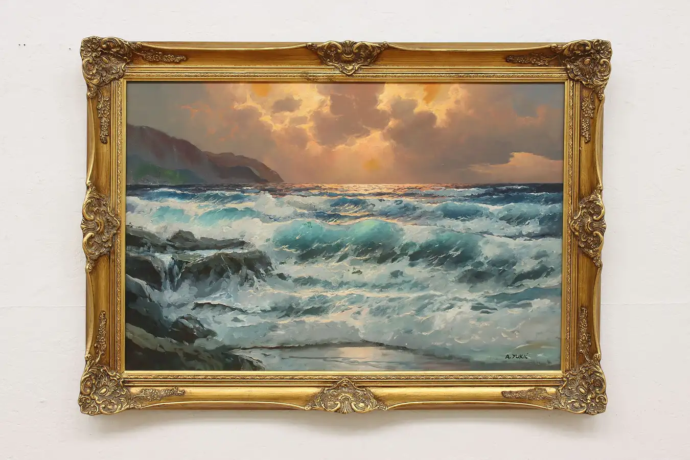 Main image of Sunset over Ocean Waves Vintage Oil Painting Yukic 42"