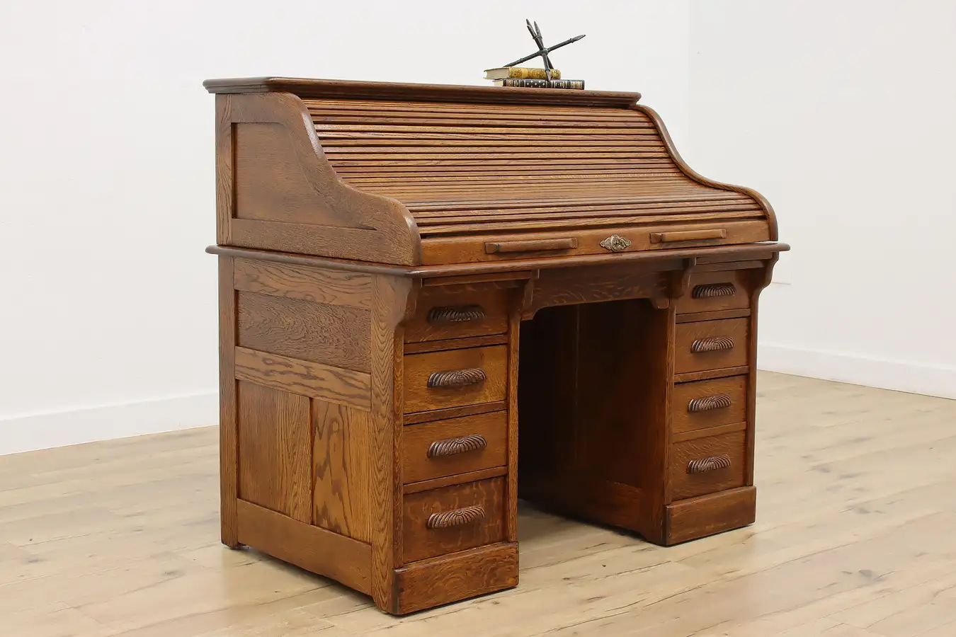 Main image of Victorian Antique Oak Office or Library Roll Top Desk Merle