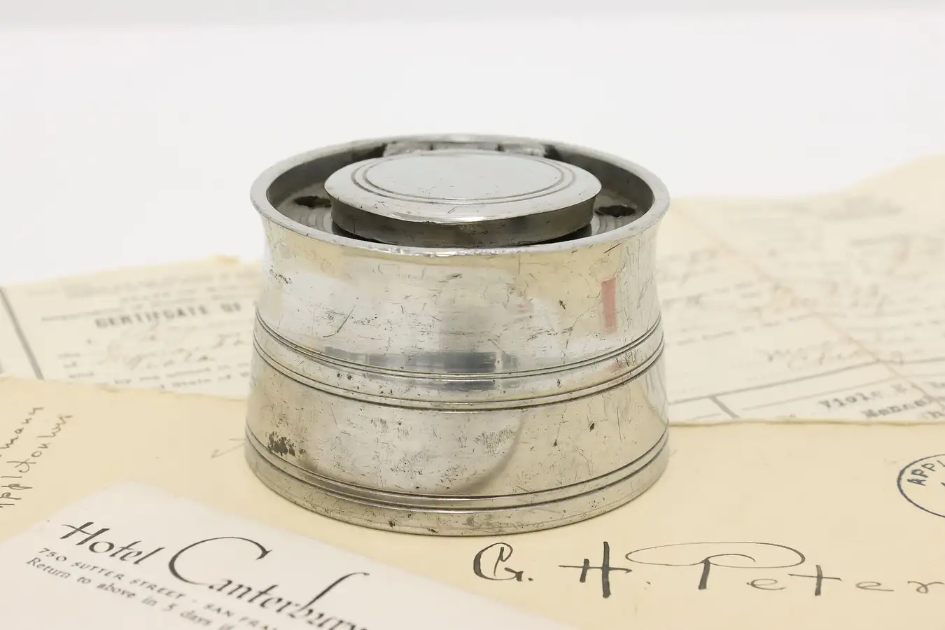 Main image of English Antique Pewter Desktop Inkwell & Pen Holder