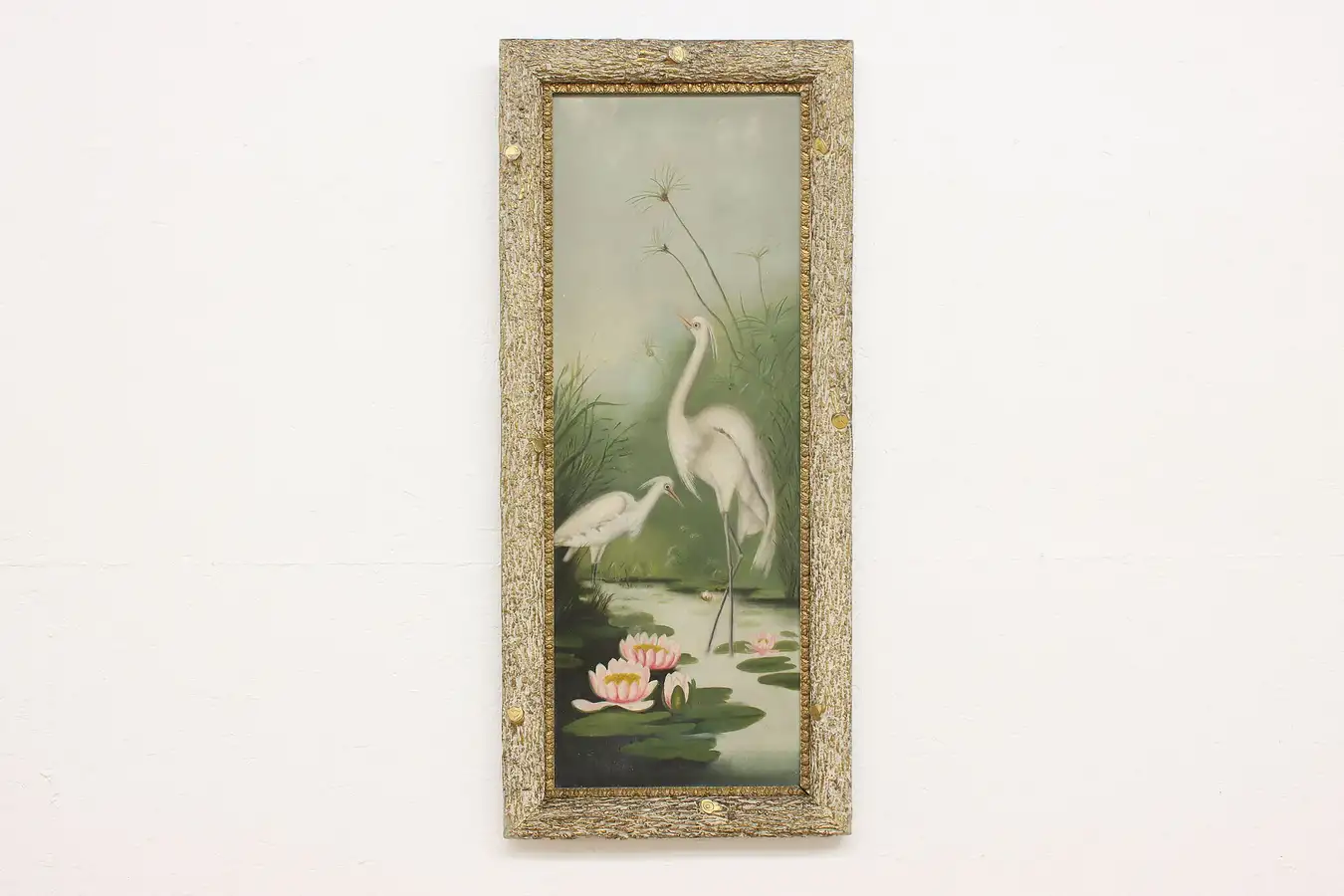 Main image of Pair of Great Egret Birds Antique Original Oil Painting 41"