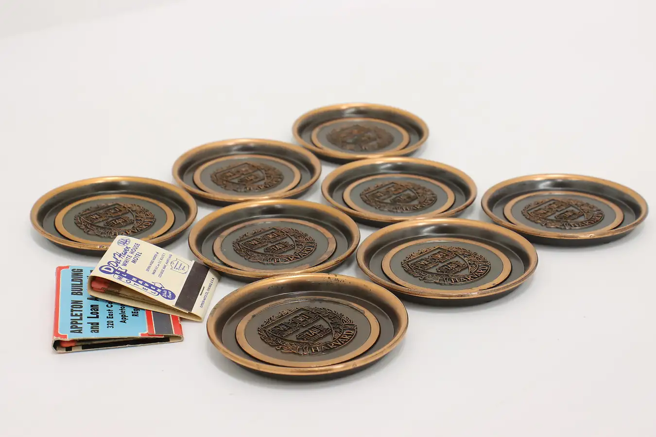 Main image of Set of 8 Vintage Copper Plated Harvard Ashtrays, Hyde Park