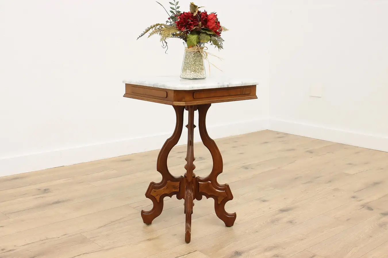 Main image of Victorian Antique Carved Walnut & Marble Top Lamp Hall Table