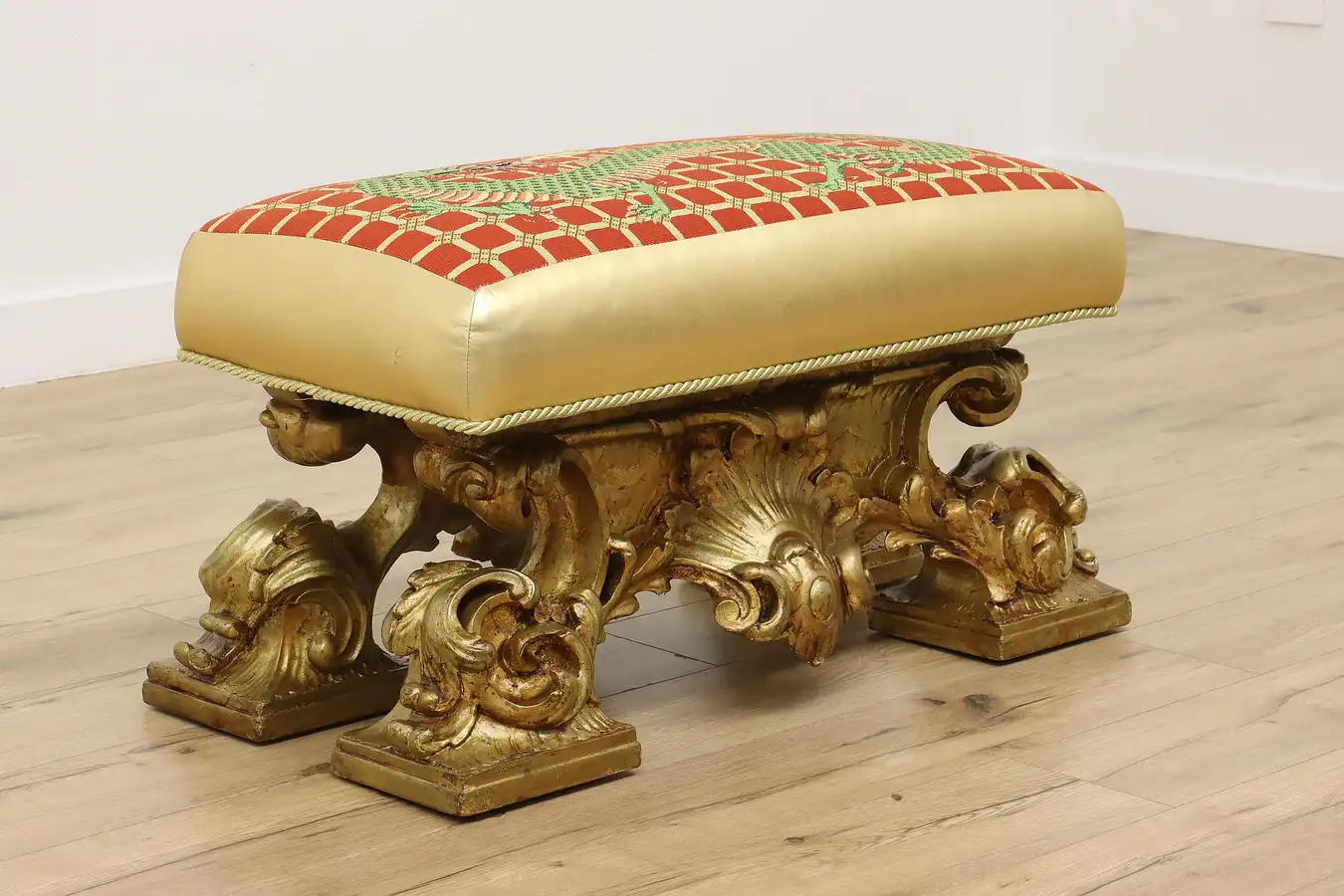 Main image of Rococo Design Antique Carved Gold Leaf Boudoir Bench, Dragon