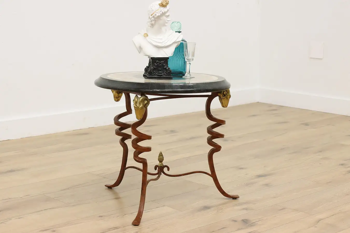 Main image of Neoclassical Vintage Mosaic Top & Brass Ram Heads Side Table