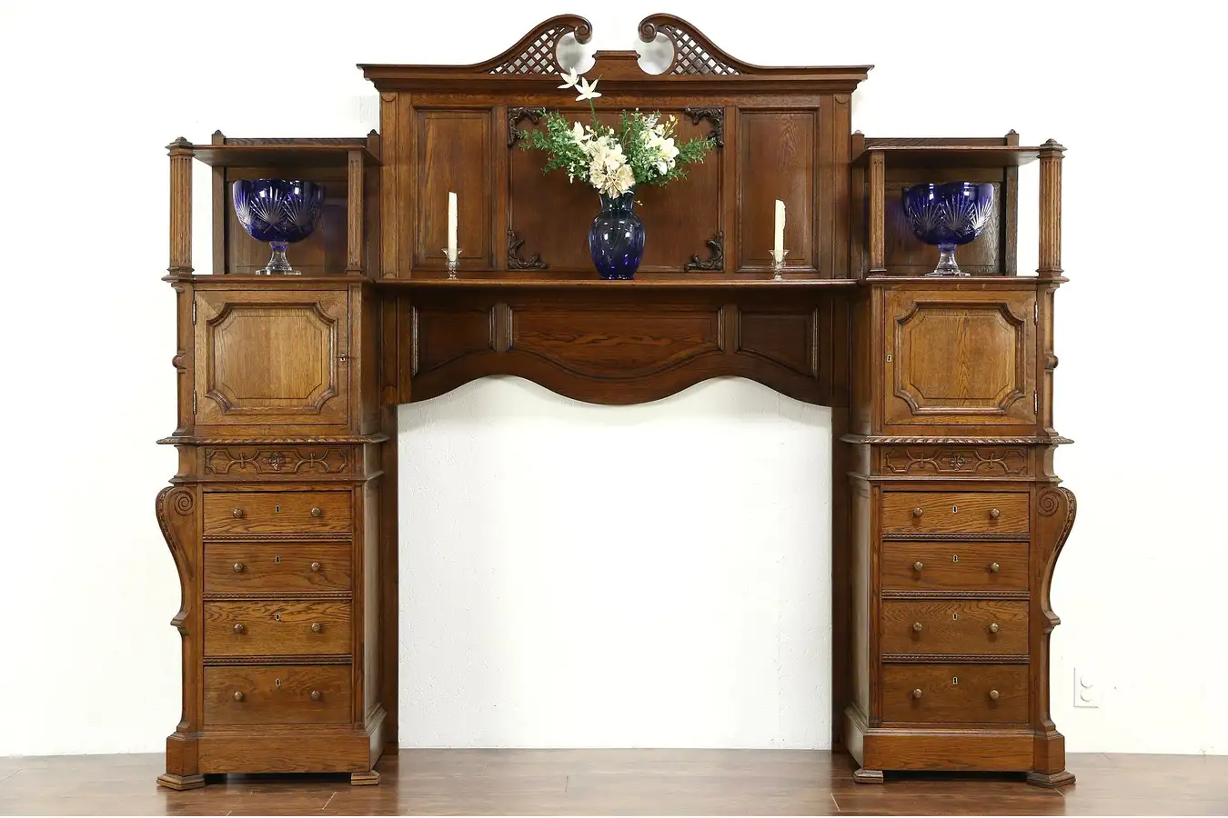 Main image of Oak Architectural Salvage Antique Scandinavian 1890's Fireplace Mantel & Cabinet