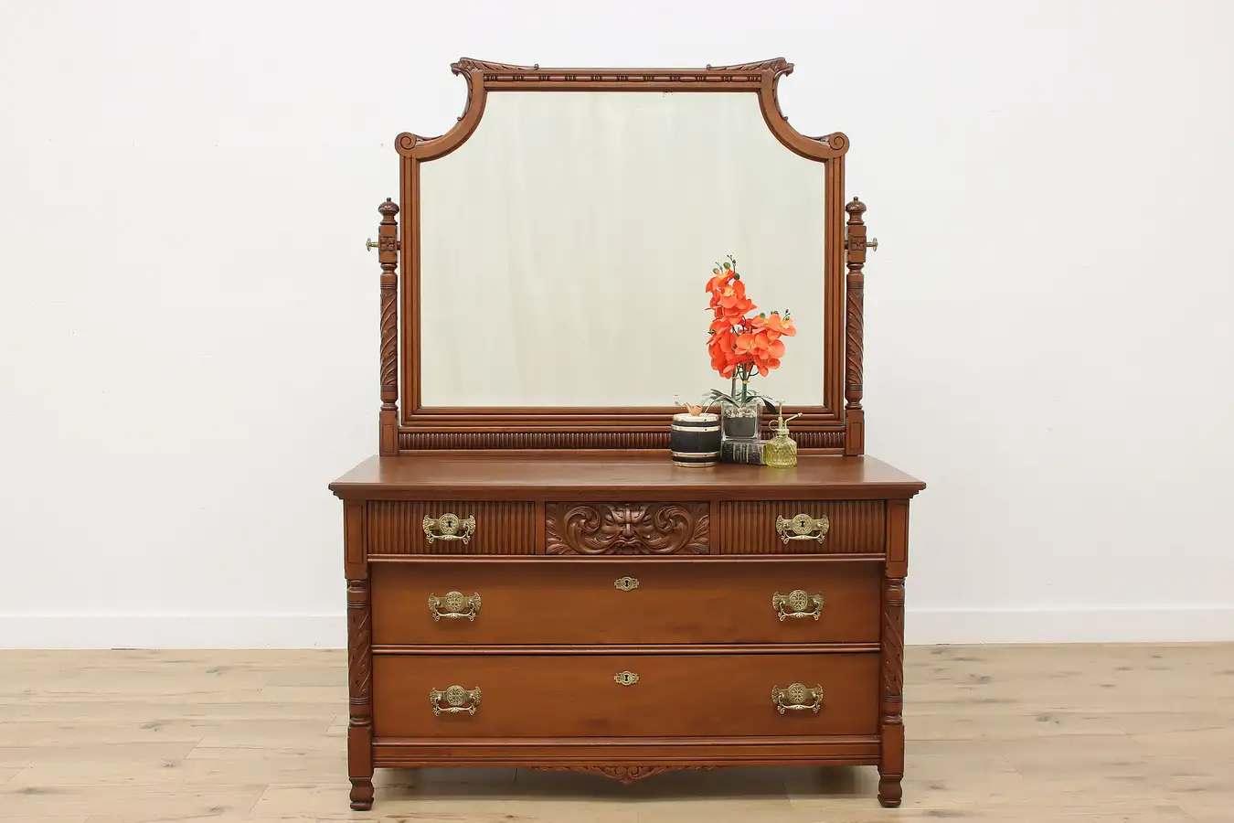 Main image of Victorian Antique Carved Mahogany Dresser or Chest w/ Mirror