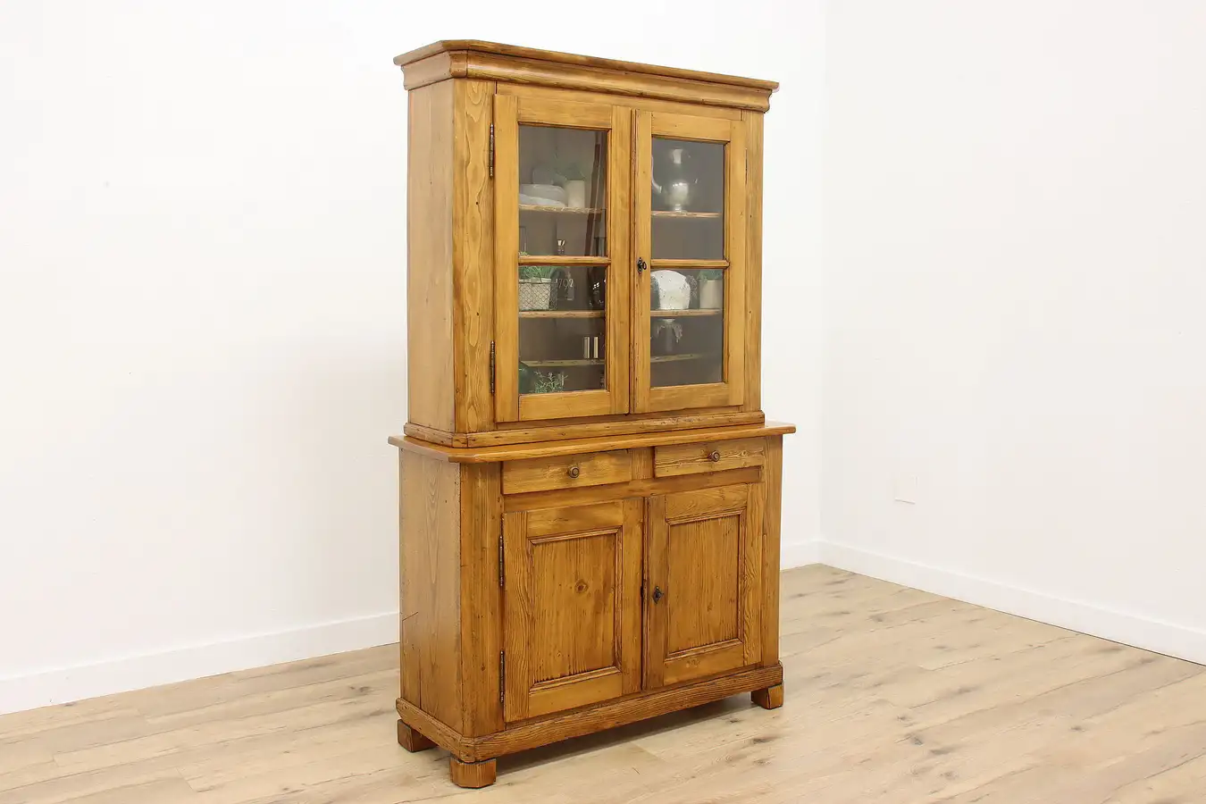 Main image of Farmhouse Antique Carved Pine Kitchen Cabinet or Cupboard