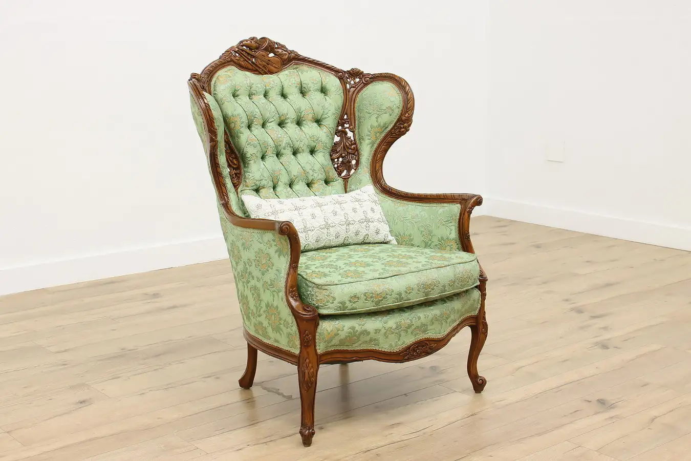 Main image of French Design Antique Carved Wingback Chair w/ Music Motifs