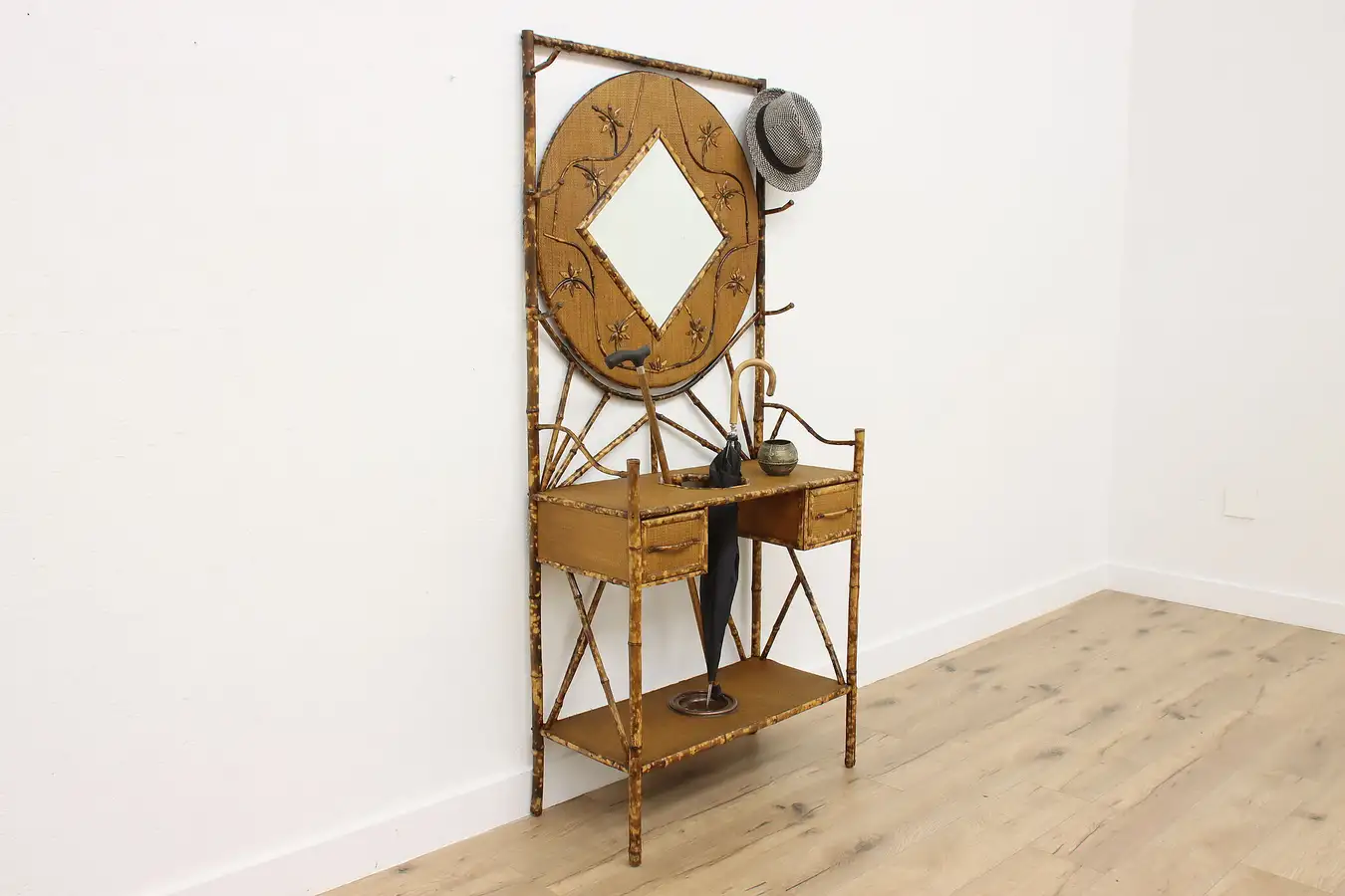 Main image of Victorian Antique Burnt Bamboo & Rattan Hall Tree, Mirror