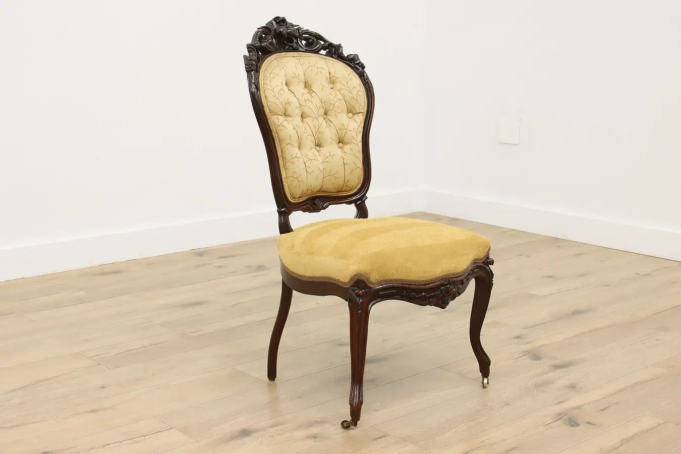 Main image of Victorian Antique Carved Rosewood Chair Flowers Suede Seat