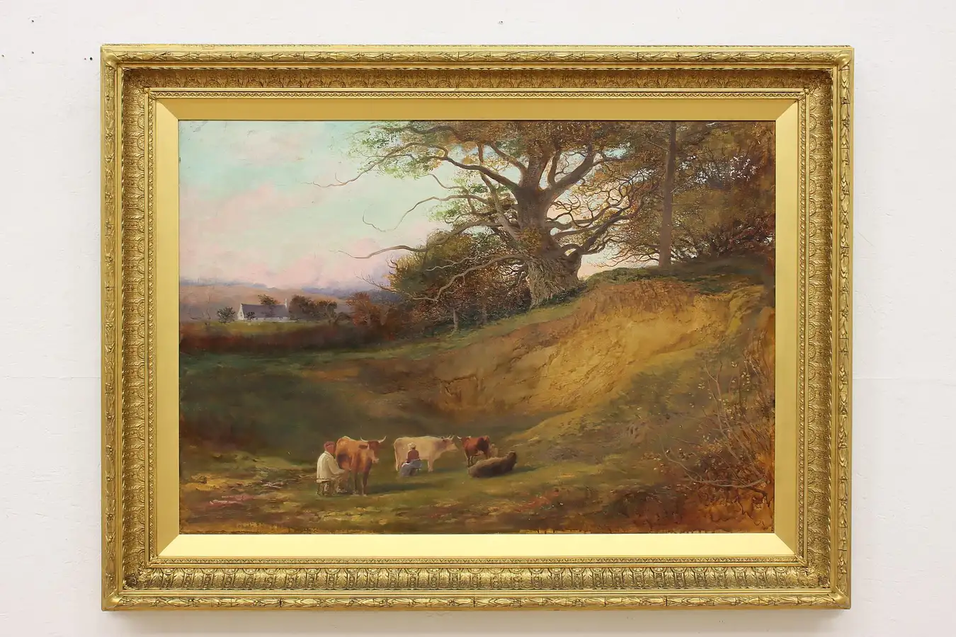 Main image of Farmers Milking Cows Antique Original Oil Painting 49.5"